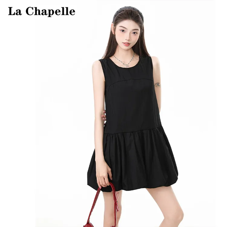 La Chapelle/拉夏贝尔黑色花苞连衣裙女2025夏季甜美风无袖背心裙