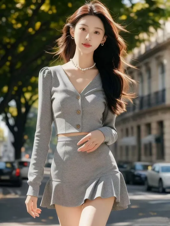 韩版轻奢气质休闲通勤风穿搭灰色V领长袖短款上衣+灰色包臀半身裙