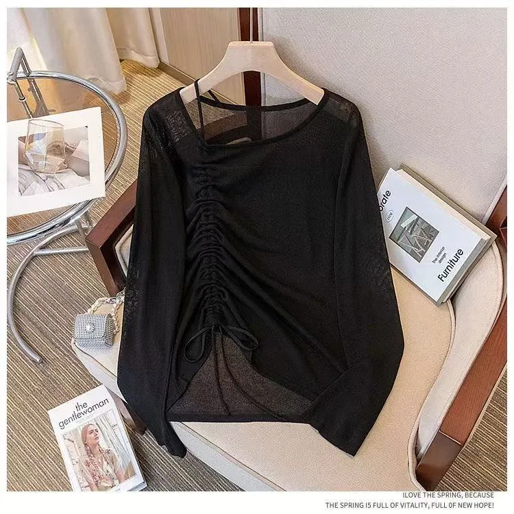 设计感薄款微透防晒衫T恤女夏季大码胖mm外搭罩衫不规则抽绳上衣