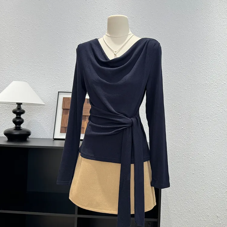 设计感小众荡领系带长袖t恤女早秋季洋气百搭打底衫别致绝美上衣