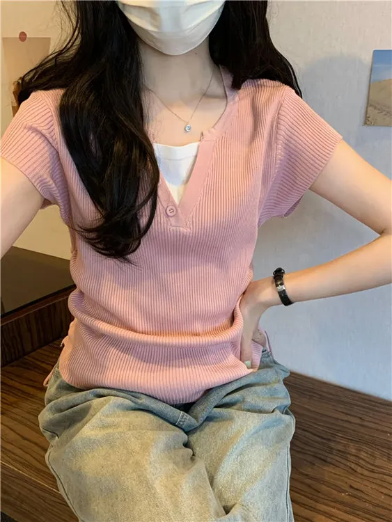 短袖V领女褶皱夏季薄款毛针织衫宽松纯色上衣显瘦针织衫