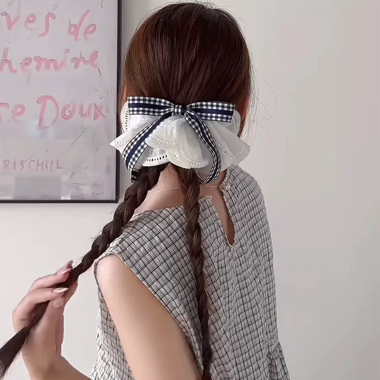 韩系文艺格子蝴蝶结蕾丝裙摆弹簧夹发夹女高级感温柔后脑勺发卡女