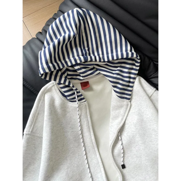 纯棉春秋高级感韩系条纹连帽慵懒风拼接卫衣女宽松百搭开衫外套潮