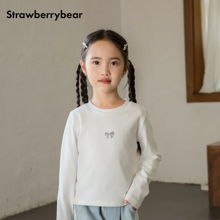 草莓熊Strawberrybear棉打底衫女童长袖2025新款白色粉色针织衫