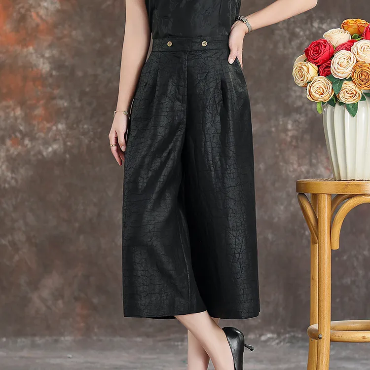 齐黛黑色龟纹香云纱休闲裤女2025秋新款高腰宽松真丝七分阔腿裤子
