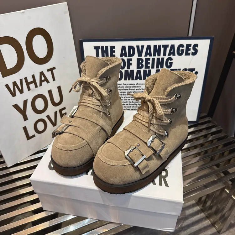 厚款增高时尚雪地靴中筒街头系带时尚棉鞋休闲百搭真皮厚底加绒
