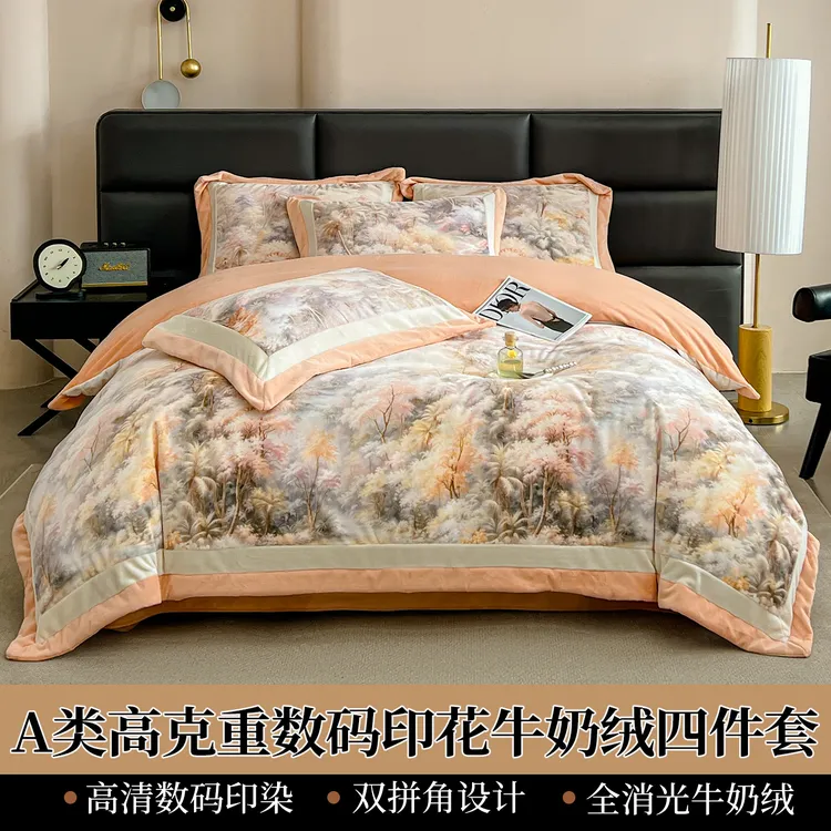 新款冬季加厚A类母婴级印花牛奶绒四件套轻奢亲肤双面绒加绒被套c
