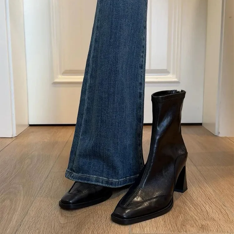 【MENGXILV】韩高跟方头瘦瘦靴短靴女粗跟复古马丁靴英伦风短筒单靴