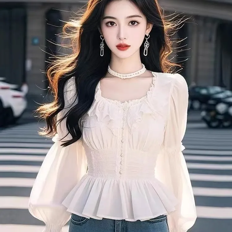 白色高级感韩系设计感衬衫女春季新款荷叶领收腰别致漂亮独特上衣