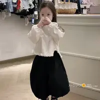 韩国套装女童泡泡袖衬衫2025新款儿童花边娃娃衫宝宝上衣 裤子