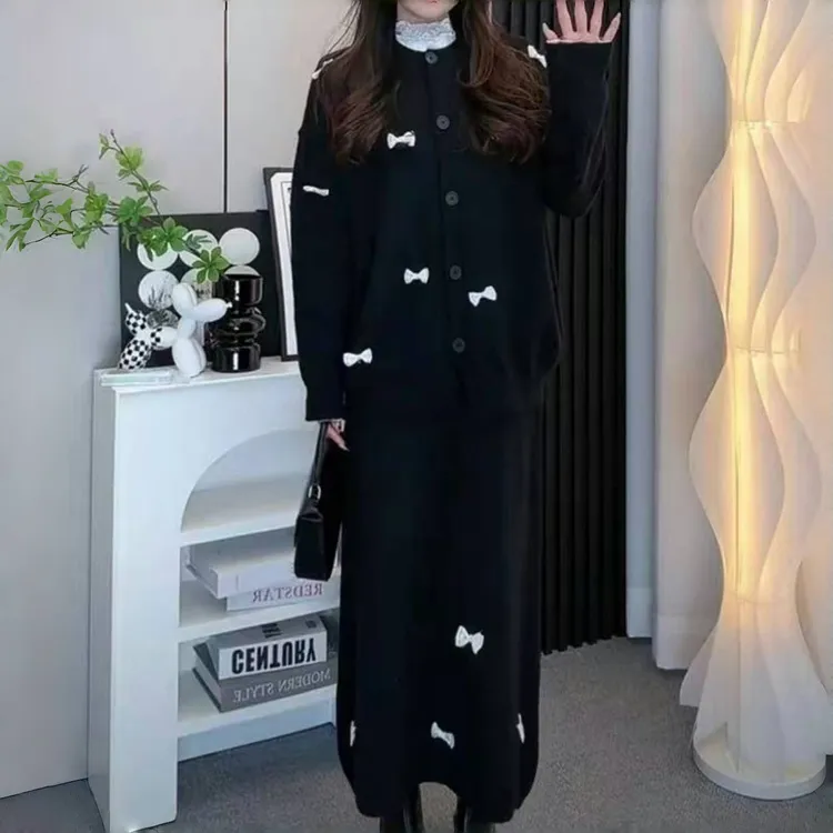 韩国chic秋冬圆领立体蝴蝶结点缀针织毛衣外套+半身裙蝴蝶结套装