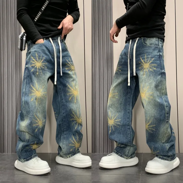冬季新款设计感水洗牛仔裤个性手绘直筒裤潮流宽松松紧嘻哈风长裤