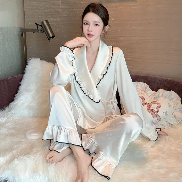 春夏秋季新款冰丝睡衣女法式简约提花慵懒风长袖长裤家居服套装