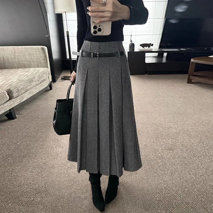 设计感长款高腰A字百褶裙女2025年秋冬新款气质高级感半身裙子潮