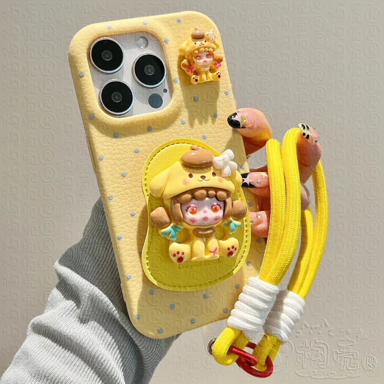皮革卡通支架手绳适用苹果16Promax手机壳华为荣耀/OPPO/vivo小米