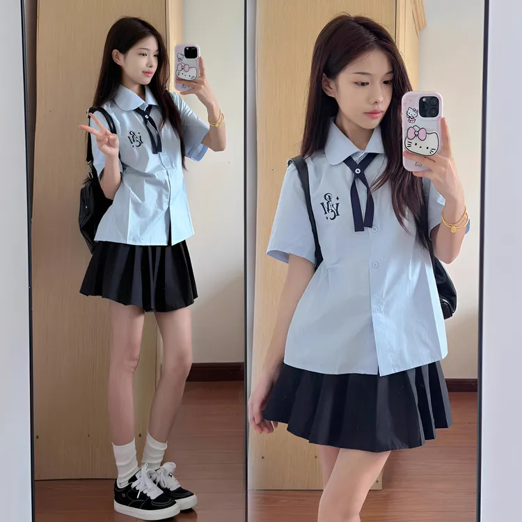 少女学院风polo衫百褶短裙子两件套装初高中生夏季日系穿搭一整套