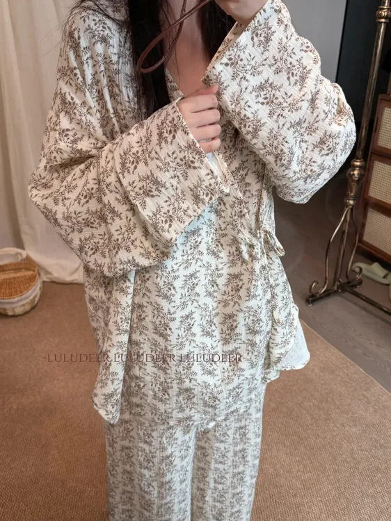 睡衣女韩系可外穿慵懒风碎花长袖系带套装春秋季宽松时尚感家居服