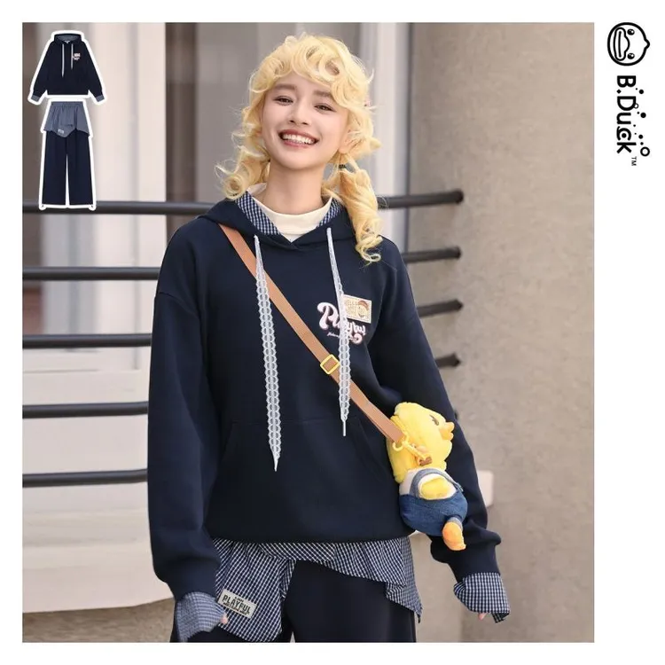 B.Duck2025秋季新款格纹拼接卫衣卫裤显瘦字母时尚套装女