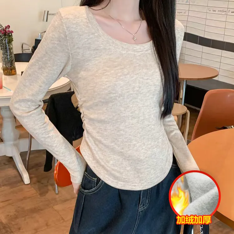 8476-加绒加厚U领打底衫女秋冬保暖收腰长袖T恤修身洋气上衣百搭