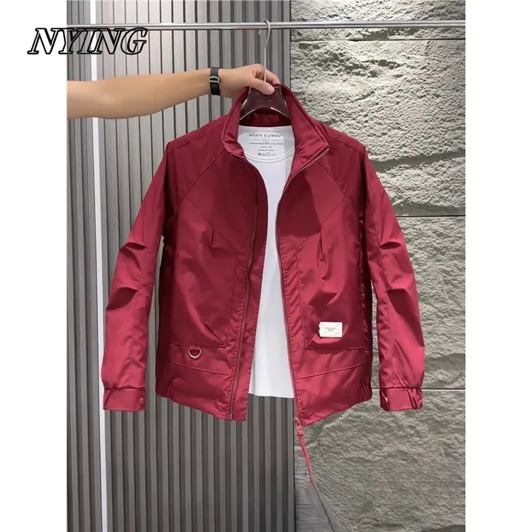 NYING2025新款修身秋季男士立领夹克时尚百搭酒红色外套休闲短款