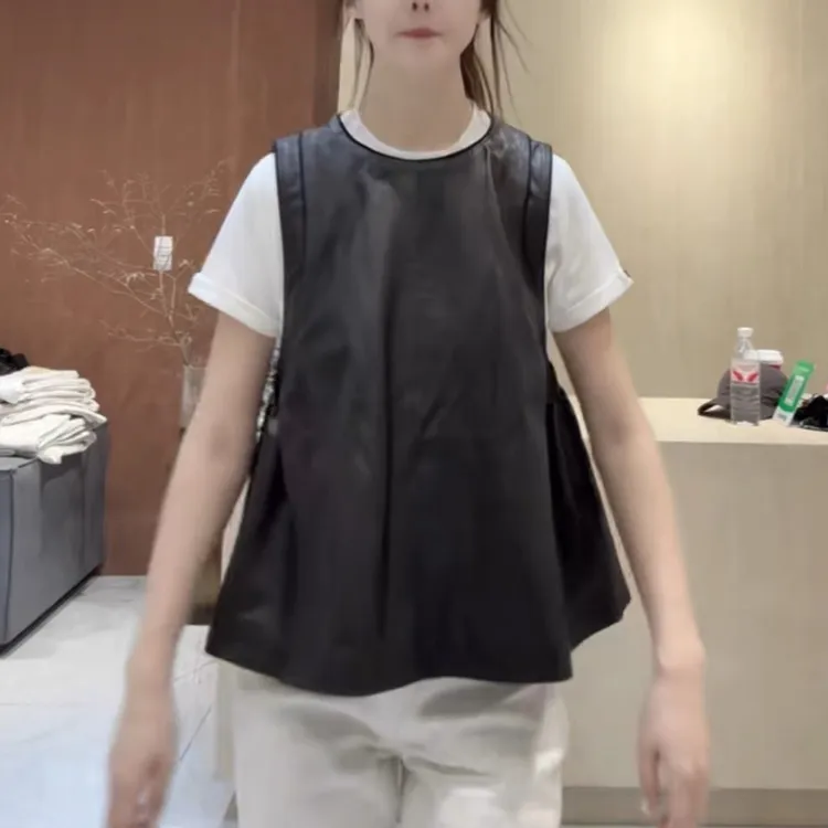 新款真皮无袖宽松短款女士马甲春秋百搭气质时尚圆领黑色韩版