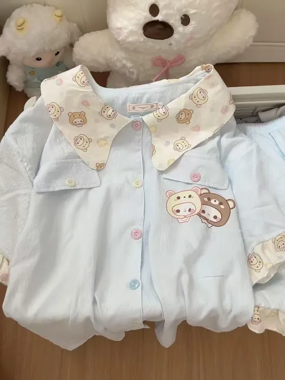 夏季睡衣短袖短裤可爱小熊夏天甜美少女学生云朵棉家居服卡通套装
