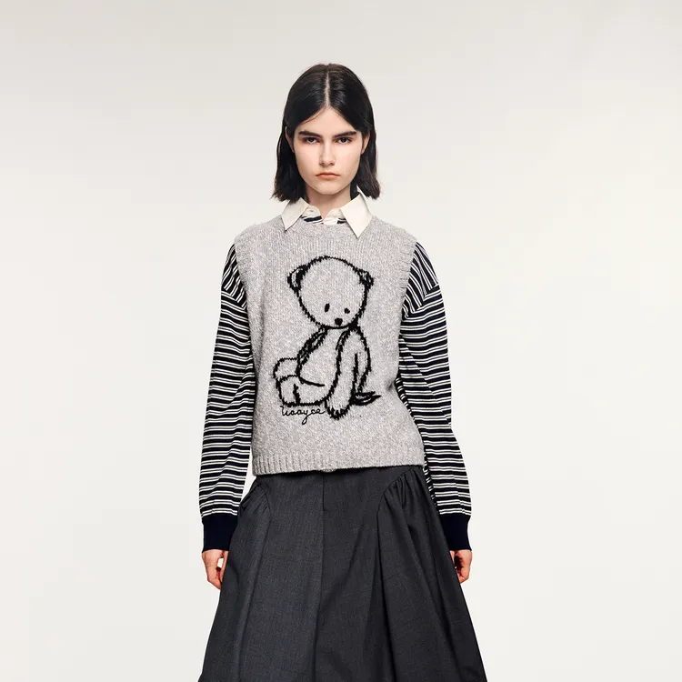 UOOYAA/乌丫2025冬季新款「伤心小熊」撞色嵌花毛衫背心4205