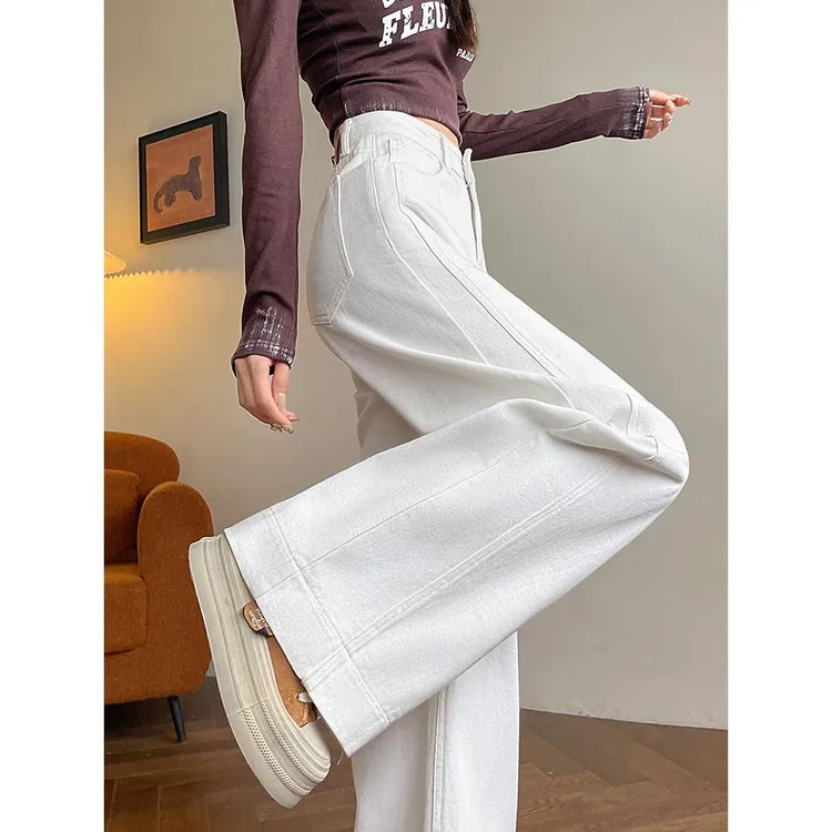 白色加绒2025牛仔裤女春秋季新款高腰显瘦宽松直筒垂感拖地阔腿裤