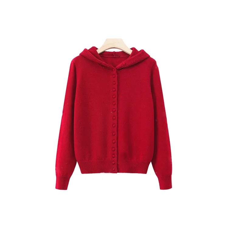 洋气显背薄 单排包扣连帽上衣女2024秋冬新款时尚休闲气质针织衫