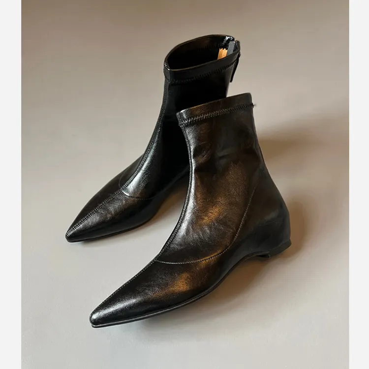 羊皮版~复古尖头通勤内增高瘦瘦靴女气质弹力靴后拉链坡跟短靴子