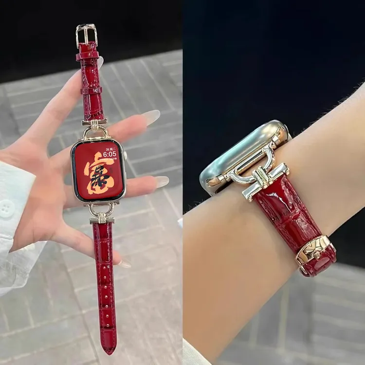 适用苹果S11手表冰面鳄鱼纹皮质iwatch表带Applewatch10秋冬女款