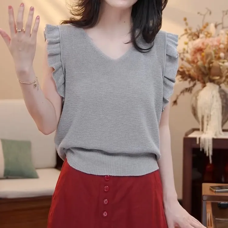 小飞袖薄款短袖针织衫T恤女2025夏季新款修身显瘦百搭V领打底上衣