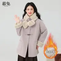 慕兔小个子牛角扣毛呢外套女2025冬季新款加绒加厚中长款呢子大衣