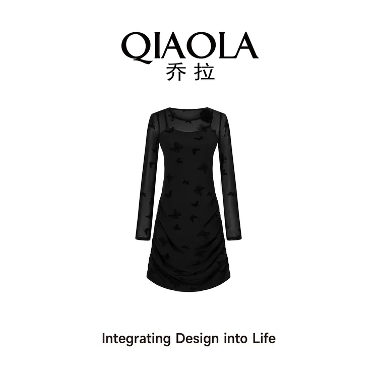 QIAOLA/乔拉【半阙谍影】春夏新款定制网纱植绒面料流行连衣裙预售