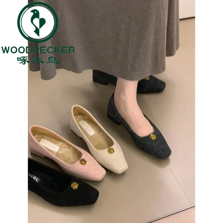 啄木鸟小香风方头山茶花单鞋女2025新款复古加绒保暖一脚蹬通勤鞋