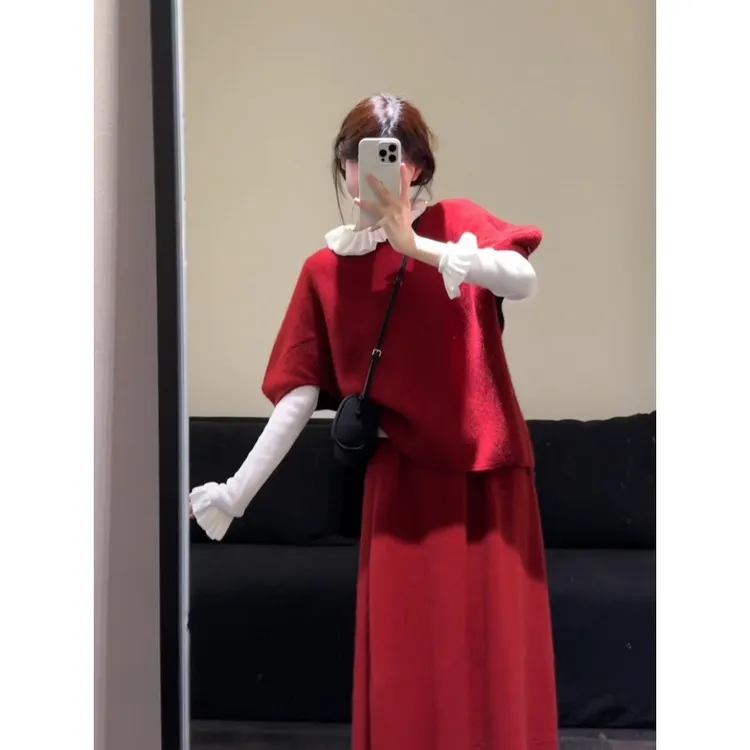 MARIE.COCO富家千金小香风荷叶边针织衫叠穿红色毛衣半身裙三件套