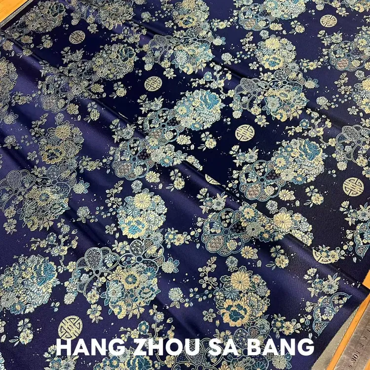 黑色底花团锦绣织锦缎提花国风民族风服装面料幅宽75公分