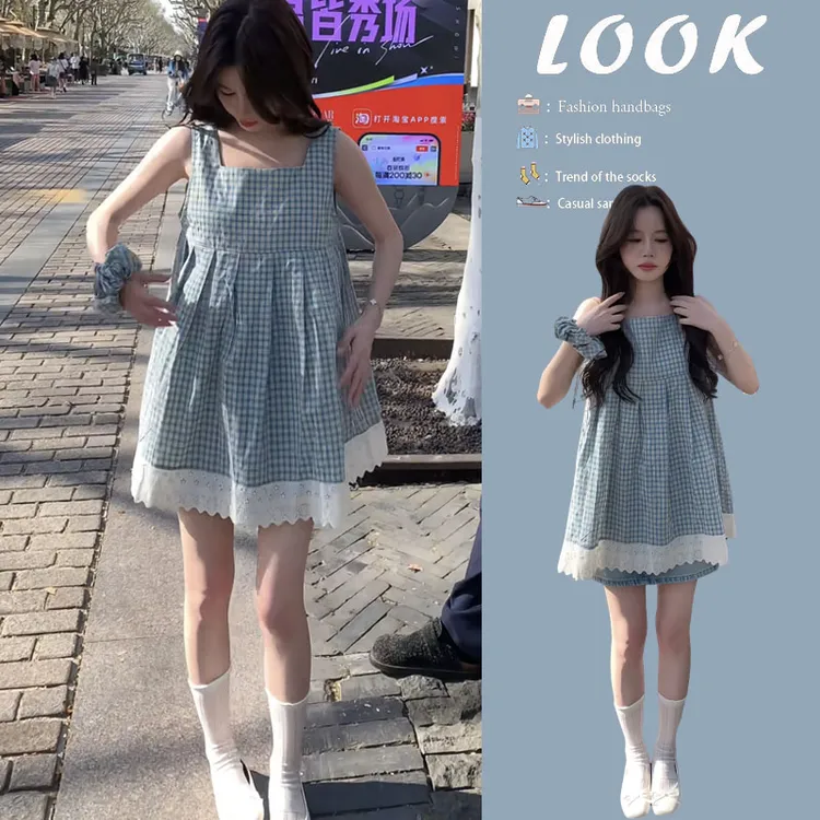 今年流行漂亮套装女2025新款蕾丝格纹无袖背心上衣牛仔短裙两件套