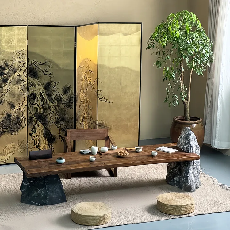 原木大板茶桌茶台风化老木民宿餐桌设计师石头石木茶室泡茶桌