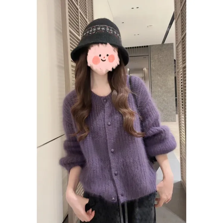 法式温柔系宽松洋气开衫圆领软糯紫色针织毛衣外套B919