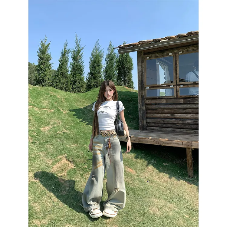 美式复古眼睛印花短袖t恤上衣扎染做旧压褶破洞拖地阔腿裤牛仔裤