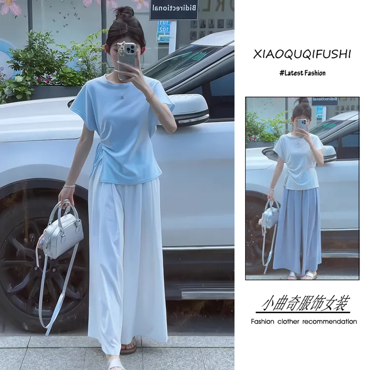 夏季2025新款一整套女装韩系温柔清新风绑带收腰短袖阔腿裤两件套