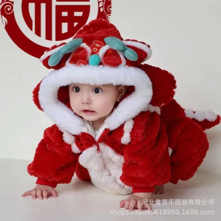 婴幼儿喜庆过年服周岁服冬婴儿冬装宝宝拜年服冬季加绒加厚连体衣