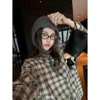THEISSN宁司 咖色格纹长袖衬衫女秋季设计感宽松上衣 01478