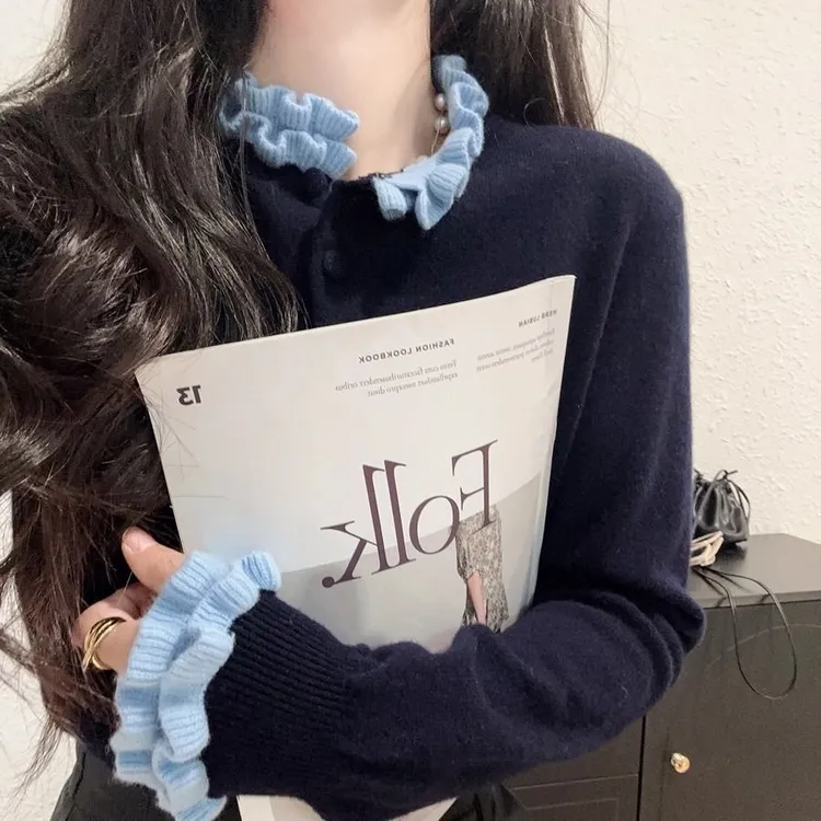 正品撤柜羊毛衫法式木耳边假两件针织开衫秋冬新款长袖毛衣外套