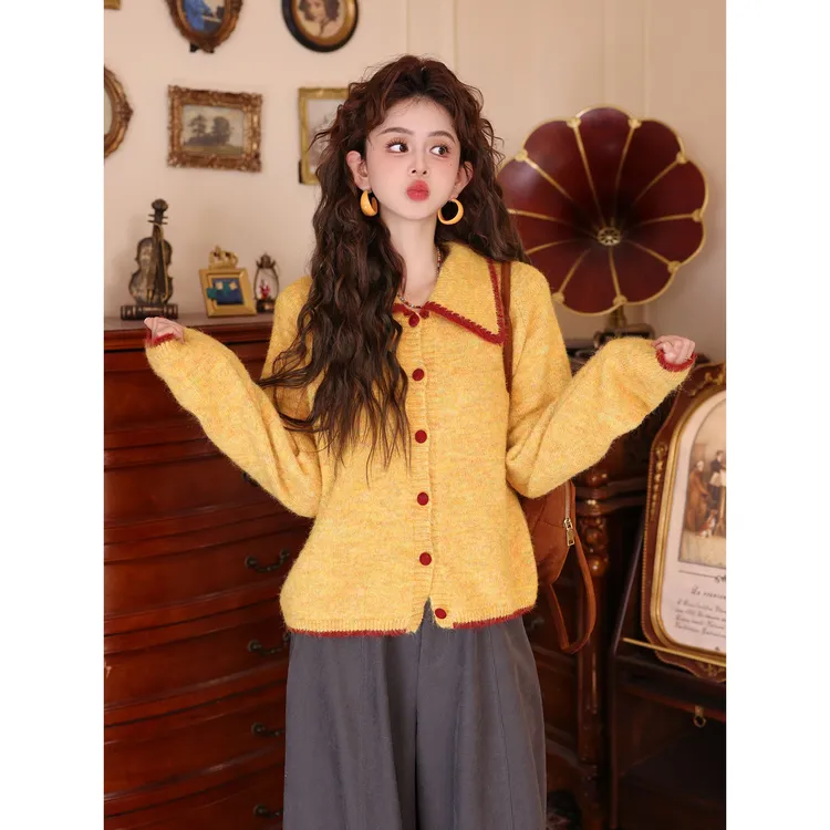 撞色复古开衫针织衫女2025秋冬新款爆款宽松翻领慵懒风毛衣外套女