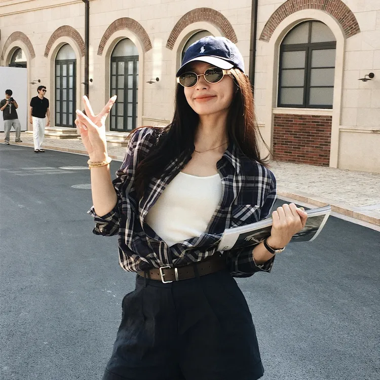 纯棉老钱风格纹女款衬衫秋季长袖休闲衬衣时尚百搭复古格子宽松