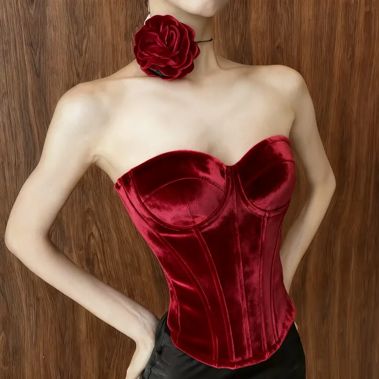 25808秋冬丝绒性感立体鱼骨束腰修身显瘦抹胸礼服高级叠穿上衣