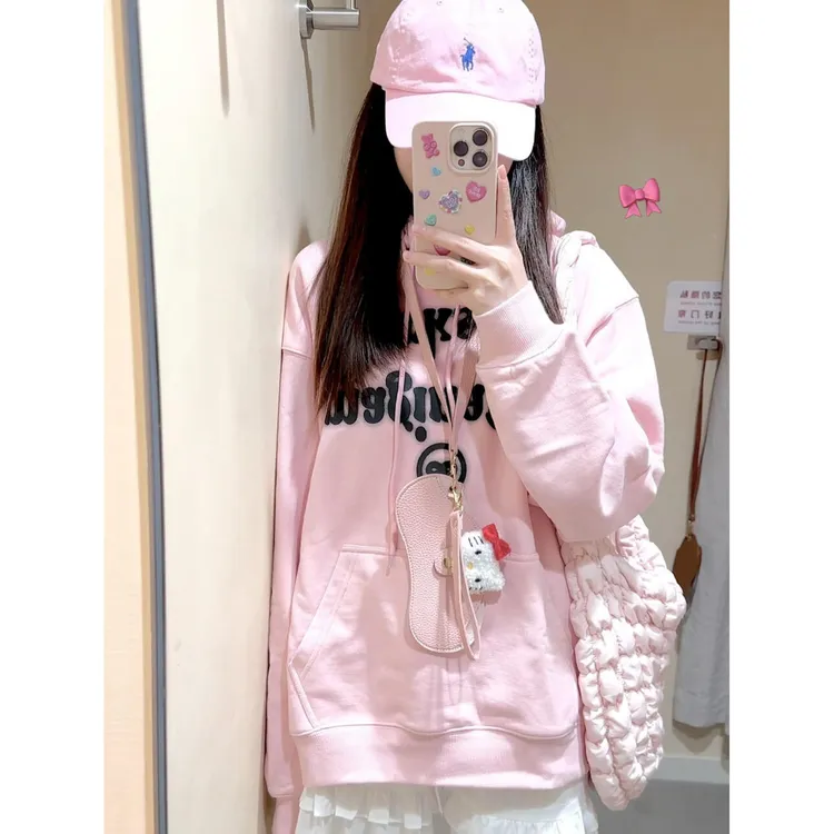 美式街头简约字母印花连帽卫衣女2025秋冬加绒加厚百搭粉色卫衣潮