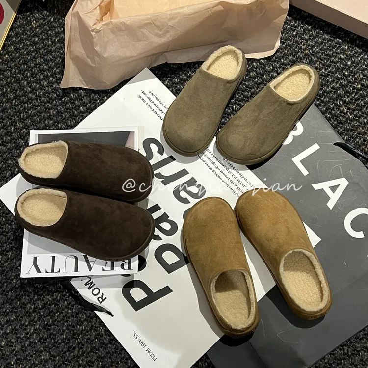 汽水小土豆厚底纯色浅口秋冬包头拖毛绒舒适勃肯鞋女保暖外穿防滑秋冬